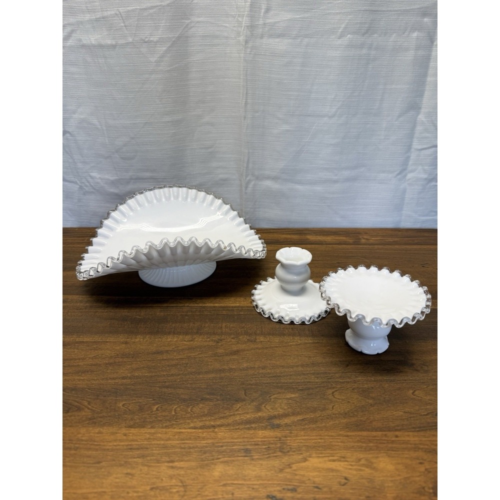 Vintage 3 Piece Fenton Silver Crest Milk Glass Console Bowl & Candlestick Set